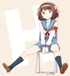  armband blue_skirt brown_eyes brown_hair chair dated full_body hairband kita_high_school_uniform looking_at_viewer nagian orange_hairband school_uniform serafuku short_hair sitting skirt solo spread_legs suzumiya_haruhi suzumiya_haruhi_no_yuuutsu v_arms 