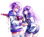  bad_end blood blood_in_mouth bloody_clothes choujigen_game_neptune_mk2 collarbone conquest_end gehaburn hair_ornament karadborg multiple_girls nepgear neptune_(choujigen_game_neptune) neptune_(series) purple_eyes purple_hair siblings simple_background sisters spoilers stabbing sword tears weapon 