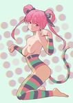  bare_shoulders barefoot breasts breasts_outside choker collarbone frown full_body grey_background hair_ribbon kneeling leotard looking_away looking_down medium_breasts multicolored multicolored_clothes multicolored_legwear multicolored_tail nipples original ozumozu paw_pose pink_hair purple_eyes ribbon short_hair simple_background solo striped tail toes twintails vertical_stripes 