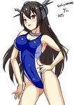 artist_name ass_visible_through_thighs black_hair blush breasts choker competition_swimsuit covered_navel covered_nipples cowboy_shot hairband hand_on_hip highleg highleg_swimsuit kantai_collection large_breasts long_hair looking_at_viewer nagato_(kantai_collection) one-piece_swimsuit open_mouth red_eyes sakiyamama simple_background sketch solo swimsuit white_background 