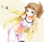  bike_shorts blue_eyes blush breasts brown_hair dated dressing gundam gundam_build_fighters gundam_build_fighters_try hood hoodie hoshino_fumina jacket large_breasts looking_at_viewer midriff nagian navel ponytail scrunchie short_hair smile solo sports_bra 