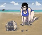  all_fours ball barefoot beach black_hair breasts brown_eyes cleavage day dirty_face downblouse kazama_asuka large_breasts one_eye_closed penelope_and_me short_hair solo sweat swimsuit tankini tekken volleyball 