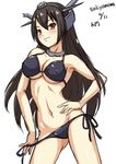  artist_name ass_visible_through_thighs bikini black_bikini black_hair blush breasts choker cleavage covered_nipples cowboy_shot hairband hand_on_hip kantai_collection large_breasts long_hair looking_at_viewer nagato_(kantai_collection) navel red_eyes sakiyamama side-tie_bikini simple_background sketch smile solo swimsuit underboob untied untying white_background 