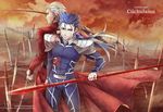  archer back-to-back blue_hair bow_(weapon) community666 fate/stay_night fate_(series) field_of_blades gae_bolg lancer long_hair multiple_boys planted_sword planted_weapon polearm ponytail red_eyes spear sword unlimited_blade_works weapon white_hair 