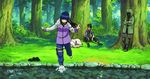  1girl 2boys aburame_shino akamaru_(naruto) animated animated_gif barefoot blue_hair dog hyuuga_hinata inuzuka_kiba jacket long_hair multiple_boys naruto outdoors stream tree wading water 