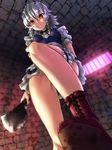  boots braid breasts cleaver commentary_request covered_nipples cross-laced_footwear from_below grey_hair impossible_clothes izayoi_sakuya kezune_(i-_-i) leg_garter legs looking_at_viewer maid medium_breasts pov red_eyes solo stepping touhou twin_braids 