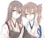  akagi_(kantai_collection) brown_hair hand_on_shoulder kaga_(kantai_collection) kantai_collection leaning_on_person long_hair multiple_girls muneate side_ponytail sketch smile tadano_kagekichi 