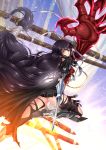  adsouto arm_guards armor armored_boots artist_name ass black_hair black_legwear black_shorts boots braid breasts claws day eyebrows_visible_through_hair highres long_hair looking_at_viewer medium_breasts shorts solo tales_of_(series) tales_of_berseria thigh_strap thighhighs torn_clothes torn_legwear underboob velvet_crowe very_long_hair weapon yellow_eyes 