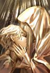  1girl aldnoah.zero asseylum_vers_allusia bad_id bad_pixiv_id blonde_hair brown_hair cloak closed_eyes closed_mouth fingernails hand_on_another's_face height_difference hood hooded_cloak ichinose777 light_particles long_hair long_sleeves open_mouth profile slaine_troyard upper_body x-ray yellow 