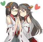  2girls bare_shoulders black_hair brown_hair detached_sleeves eyes_closed green-framed_glasses hand_holding haruna_(kantai_collection) heart kantai_collection kirishima_(kantai_collection) multiple_girls nontraditional_miko one_eye_closed r_left short_hair 