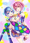  1girl :d :o bad_id bad_pixiv_id bare_shoulders blue_eyes blue_hair blush boots braid brother_and_sister carrying checkered checkered_legwear crossdressing dorothy_west dress epaulettes leona_west looking_at_viewer mole mole_under_eye open_mouth otoko_no_ko pink_eyes pink_hair pretty_(series) princess_carry pripara short_hair siblings skirt smile thighhighs twins yumekui 