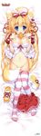 absurdres aburaage ahoge animal_ears areolae blonde_hair blue_eyes bow breasts cleavage covering covering_crotch dakimakura dress dress_lift food food_in_mouth fox_ears fox_tail hair_bow highres huge_filesize large_breasts mouth_hold navel pink_legwear shimesaba_kohada shoes_removed skirt skirt_around_one_leg smile solo striped striped_legwear tail tail_censor thighhighs 