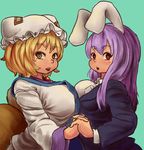  animal_ears asymmetrical_docking blazer blonde_hair breast_press breasts bunny_ears chanta_(ayatakaoisii) commentary dress fox_tail hat holding_hands huge_breasts interlocked_fingers jacket large_breasts long_hair looking_at_viewer multiple_girls multiple_tails open_mouth pillow_hat pun purple_hair red_eyes reisen_udongein_inaba tabard tail touhou white_dress yakumo_ran yellow_eyes 