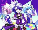  2girls arm_up bare_shoulders blue_eyes blue_hair blush bow brother_and_sister checkered chikariya dorothy_west gloves hair_bow leona_west looking_at_viewer mole mole_under_eye multiple_girls open_mouth otoko_no_ko pink_eyes pink_hair pretty_(series) pripara purple_hair short_hair siblings sketch sleeveless toudou_shion yellow_eyes 