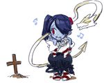  bare_shoulders blue_hair blue_skin cross detached_collar detached_sleeves grave hair_over_one_eye leviathan_(skullgirls) long_hair long_skirt music musical_note no_shoes red_eyes side_ponytail singing skirt skullgirls solo squatting squigly_(skullgirls) stitched_mouth stitches striped striped_legwear striped_sleeves yuriyuri_(ccc) zombie 