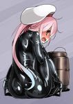  ass ayuayu_(shouyu_no_sato) black_bodysuit blue_hair blush bodysuit gradient_hair harusame_(kantai_collection) hat high_heels kantai_collection latex long_hair looking_at_viewer looking_back multicolored_hair open_mouth pink_eyes pink_hair shiny shiny_clothes solo very_long_hair 
