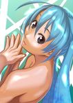  aqua_hair bare_back bare_shoulders black_eyes hands_together hatsune_miku long_hair looking_back smile solo soon tattoo twintails vocaloid 