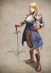  agrias_oaks armor bangs blonde_hair boots braid breastplate brown_gloves colorized corset cross-laced_footwear daniel_macgregor faulds final_fantasy final_fantasy_tactics full_body gloves hand_on_hip knee_boots knee_pads lace-up_boots long_hair orange_eyes pauldrons planted_sword planted_weapon signature single_braid solo swept_bangs sword weapon wrist_cuffs 