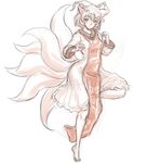  animal_ears barefoot dress fox_ears fox_tail full_body hat highres kuro_suto_sukii light_smile long_sleeves looking_at_viewer monochrome multiple_tails pillow_hat sketch solo standing standing_on_one_leg tabard tail touhou white_dress yakumo_ran 