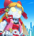  blonde_hair blue_eyes blue_hair blue_sky cityscape day dress dynamo_z full_body goutokuji_miyako green_dress green_eyes machinery matsubara_kaoru mecha minawa multiple_girls outdoors powered_buttercup powerpuff_girls powerpuff_girls_z robot rolling_bubbles short_hair size_difference skirt skirt_lift sky standing twintails upskirt 