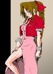  aerith_gainsborough blush bow breasts brown_hair cleavage cropped_jacket drain_(evork_festa) dress drill_hair final_fantasy final_fantasy_vii fingernails green_eyes hair_ribbon legs long_dress long_hair medium_breasts no_panties pink_bow pink_dress ponytail ribbon side_slit solo thighs 