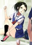  bad_id bad_pixiv_id bag black_hair glasses green_eyes hair_ribbon juice original ribbon sasamori_tomoe school_uniform serafuku shoes sitting skirt sneakers solo_focus 