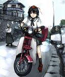  bad_id bad_pixiv_id contemporary geta ground_vehicle hat highres honda_super_cub inubashiri_momiji motor_vehicle motorcycle multiple_girls shameimaru_aya tengu-geta tokin_hat touhou un-known_(ninesix) 