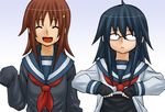  artist_request black_hair brown_hair closed_eyes dressing glasses hair_ornament hairclip kitahara_aya long_hair multiple_girls nishimoto_erika onanie_master_kurosawa school_uniform serafuku sleeves_past_wrists smile 