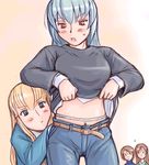  belt blonde_hair blue_eyes breasts brown_hair casual denim jeans large_breasts measuring multiple_girls navel older pants red_eyes rozen_maiden shinku shirt_lift siblings silver_hair sisters souseiseki suigintou suiseiseki tape_measure tsuda_nanafushi twins waist_measuring 