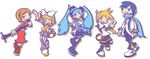 3girls aqua_eyes artist_request blonde_hair blue_eyes blue_hair brown_eyes brown_hair hatsune_miku kagamine_len kagamine_rin kaito meiko microphone_stand multiple_boys multiple_girls one_eye_closed parody pointing puyopuyo puyopuyo_fever style_parody thighhighs twintails vocaloid 