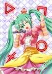  crown green_eyes green_hair hatsune_miku heart index_finger_raised long_hair microphone mini_crown one_eye_closed open_mouth princess_(module) project_diva project_diva_(series) smile solo square striped twintails very_long_hair vocaloid w_rong 