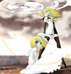  alternate_hairstyle bad_id bad_pixiv_id blonde_hair blue_eyes boots child dress dual_persona elbow_gloves gloves hair_ribbon headset kagamine_rin kagamine_rin_(roshin_yuukai) kiyoi long_hair multiple_girls older ribbon roshin_yuukai_(vocaloid) sailor_dress thigh_boots thighhighs vocaloid white_dress zettai_ryouiki 