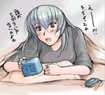  alarm_clock cellphone clock lowres lying older on_stomach phone red_eyes rozen_maiden shirt silver_hair solo suigintou t-shirt translation_request tsuda_nanafushi 