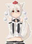  animal_ears bad_id bad_pixiv_id bare_shoulders detached_sleeves fingerless_gloves gloves groin hat highres inubashiri_momiji midriff navel red_eyes silver_hair smile solo tail tokin_hat touhou wk_(low-f) wolf_ears wolf_tail 