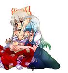  bad_id bad_pixiv_id bandages blue_hair blush comforting fujiwara_no_mokou hair_ribbon hand_on_another's_head hands hug hug_from_behind indian_style injury kamishirasawa_keine long_hair multiple_girls no_shirt pants red_eyes ribbon sarashi silver_hair sitting takamura tears touhou 