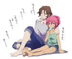  1girl barefoot blue_eyes brown_hair denim denim_shorts feet feldt_grace food green_eyes gundam gundam_00 jeans lockon_stratos pants pink_hair plum_(arch) ponytail popsicle shorts sitting summer sweat tank_top 