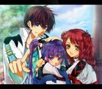  2girls asbel_lhant cheria_barnes cloud day hand_on_another's_head letterboxed multiple_girls nadir pointing sky smile sophie_(tales) tales_of_(series) tales_of_graces tree two_side_up 
