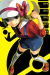  bow brown_eyes brown_hair hat hat_ribbon kotone_(pokemon) overalls pokemon pokemon_(game) pokemon_hgss red_ribbon ribbon smile solo thighhighs yodokawa_(yukko) 