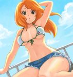  :o acha armpits bikini_top denim denim_shorts front-tie_top green_eyes hand_behind_head lips long_hair orange_hair original shorts solo 