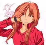  bad_id bad_pixiv_id black_eyes cigarette earrings hair_tousle jewelry kuro_(1968) long_hair original red_hair smoking solo 