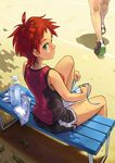  athlete bench bottle fujisaki_mana green_hair kneepits laces minawa onegai_my_melody red_hair shade shoes short_hair sitting sneakers solo towel tying water_bottle 