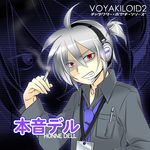  ahoge albino caffein cigarette clenched_teeth constricted_pupils headphones headset honne_dell male_focus name_tag necktie nervous open_collar ponytail red_eyes scowl shirt silver_hair smoking solo teeth vocaloid voyakiloid zoom_layer 