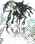  bad_id bad_pixiv_id bangs belt bikini_top black_hair black_rock_shooter black_rock_shooter_(character) blue_eyes boots burning_eye chain checkered flat_chest front-tie_top jacket katana knee_boots long_hair midriff navel pale_skin scar short_shorts shorts solo star sword twintails uneven_twintails very_long_hair weapon yayoi_(ndrop841) 