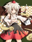  absurdres animal_ears bare_shoulders cloud detached_sleeves hat highres inubashiri_momiji rariemonn red_eyes short_hair silver_hair solo sword tail tokin_hat touhou weapon wolf_ears wolf_tail 