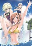  :d arm_up armpits barefoot bikini black_eyes brown_hair day fuyuno_haruaki glasses goggles goggles_around_neck green_eyes green_hair multiple_girls navel one-piece_swimsuit open_mouth original outdoors pinky_out pool pool_ladder poolside school_swimsuit short_hair sitting smile splashing standing swimsuit wading water white_hair 