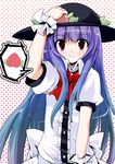  blue_hair fa_no_hito food fruit gradient_hair hand_on_headwear hat heart hinanawi_tenshi holding holding_food holding_fruit long_hair multicolored_hair peach polka_dot polka_dot_background purple_hair red_eyes smile solo spoken_food touhou wrist_cuffs 