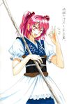  hand_gesture onozuka_komachi pink_hair red_eyes red_hair scythe short_hair solo touhou traditional_media translation_request tsurui two_side_up 