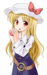  artist_request blonde_hair food fruit hat holding holding_food holding_fruit peach solo touhou watatsuki_no_toyohime 