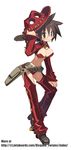  belt beltskirt breasts brown_hair cowboy_hat disgaea glasses gun gunslinger_(disgaea) harada_takehito hat large_breasts makai_senki_disgaea_3 official_art red_eyes solo spiked_hair third-party_edit third-party_watermark weapon western 