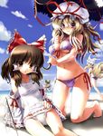  \o/ adapted_costume animal_ears arms_up barefoot beach bikini blonde_hair bow breasts brown_eyes brown_hair cat_ears cat_tail chen cleavage contemporary day detached_sleeves fox_tail front-tie_top gohei hakurei_reimu hat innertube katahira_masashi kneeling large_breasts long_hair medium_breasts mob_cap multiple_girls multiple_tails nail_polish nekomata one-piece_swimsuit outdoors outstretched_arms parasol pink_nails purple_bikini purple_eyes ribbon-trimmed_sleeves ribbon-trimmed_swimsuit ribbon_trim school_swimsuit short_hair side-tie_bikini string_bikini swimsuit tail toenail_polish touhou umbrella underboob white_school_swimsuit white_swimsuit yakumo_ran yakumo_yukari 
